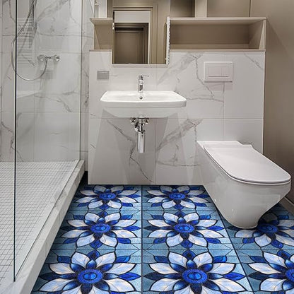 Blue Stained Glass Flower Peel and Stick Floor Tiles 12x12 Inch 10PCS | Blue stained glass style flower pattern vinyl floor stickers for kitchen bathroom entryway and indoor home decor