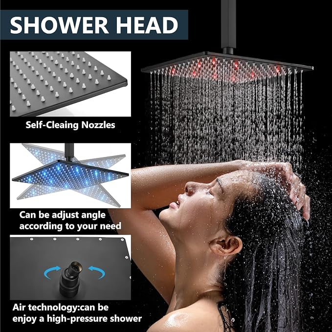Aolemi Ceiling Shower Faucet Set with Handheld 10" LED Head Matte Black | Handheld Spray,10 Inch Rain LED Head,Shower Valve and Trim Kit,All Metal,Ceiling System,Bathroom Mixer