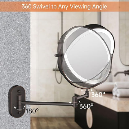 5000mAh Rechargeable Wall Mounted Lighted Makeup Vanity Mirror Double Sided 1X 30X Magnifying Bathroom Mirror, 3 Color Lighting, Touch Dimming, Extended Arm 360 Rotation Light up Mirror Antique Bronze