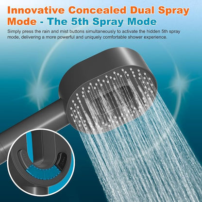 Hibbent Filtered Handheld Showerhead with 3 Filters, 5 Sprays Shower Head | Gray High Pressure Shower Heads, Brass Holder & 71" Metal Hose, Water Soft Filter Remove Chlorine, Reduce Dry Itchy Skin