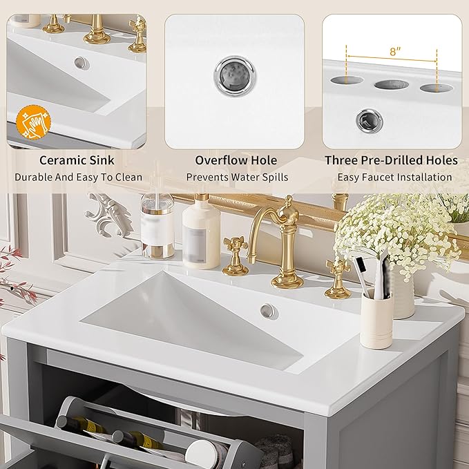 24" Bathroom Vanity with Sink, Modern Bathroom Vanity 24 Inch with Sink, 24 Bathroom Sink Vanity with Flip Drawer, Cabinet and Door Shelves, 24" Vanity with Sink for Bathroom (Grey)