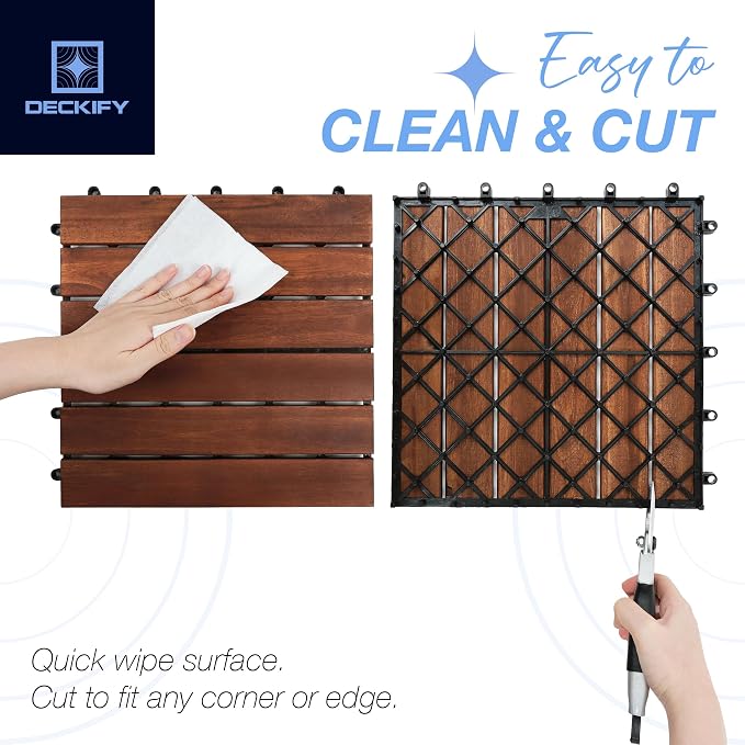 9-Piece Acacia Wood Interlocking Deck Tiles, Dark Brown Striped | 6-Slat Wide Contact, Naturally Water-Resistant, Non-Slip Grip, 490 lb Capacity, Oil-Rubbed Finish, Tool-Free, Renter-Friendly