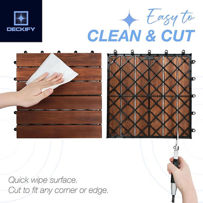 9-Piece Acacia Wood Interlocking Deck Tiles, Dark Brown Striped | 6-Slat Wide Contact, Naturally Water-Resistant, Non-Slip Grip, 490 lb Capacity, Oil-Rubbed Finish, Tool-Free, Renter-Friendly