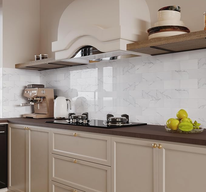 Luxury 10-Sheet Peel and Stick Backsplash,Self Adhesive Faux Stone 12”x12” White Subway Tile for Kitchen,Glossy Waterproof Carrara Brick Marble Look,Stick on Accent Wall for Bathroom,Bedroom