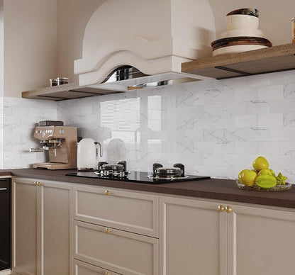 Luxury 10-Sheet Peel and Stick Backsplash,Self Adhesive Faux Stone 12”x12” White Subway Tile for Kitchen,Glossy Waterproof Carrara Brick Marble Look,Stick on Accent Wall for Bathroom,Bedroom