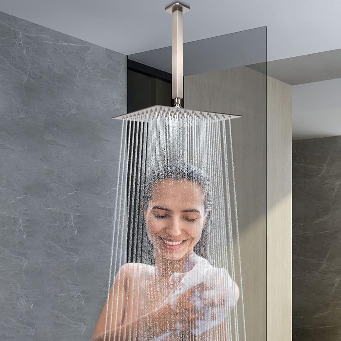 NearMoon Rain Shower Head With Shower Arm, Ceiling Mount Square Shower, Stainless Steel Ceiling Rainfall Showerhead- Waterfall Full Body Coverage (8 Inch, Brushed Nickel)