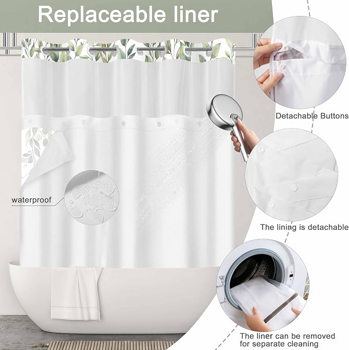No Hook Shower Curtain and Liner Set, Sage Green Eucalyptus 71x77 | Floral Design, with Snap in Liner, Waterproof, Machine Washable, Quick-Drying, for Hotel Bathroom