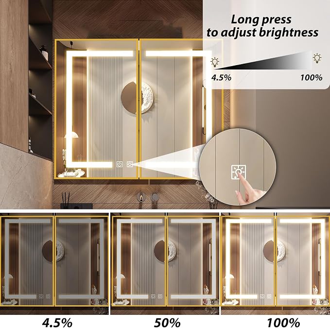 APRILSOUL 40x32 Inch Lighted Bathroom Medicine Cabinet with Mirror, Gold Recessed or Surface Mount Medicine Cabinet Mirror with Storage and LED Lights, 3 Colors Temperature, Dimmable Light