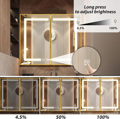 APRILSOUL 40x32 Inch Lighted Bathroom Medicine Cabinet with Mirror, Gold Recessed or Surface Mount Medicine Cabinet Mirror with Storage and LED Lights, 3 Colors Temperature, Dimmable Light