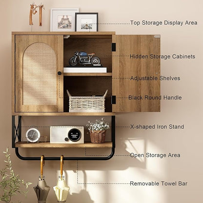 RUSTOWN Rattan Bathroom Wall Cabinet, Boho Over The Toilet Storage Cabinet with Arched Rattan Doors, Modern Medicine Cabinet with Adjustable Shelves & Towel Bar, Bathroom Organizer(Rustic Oak, Medium)