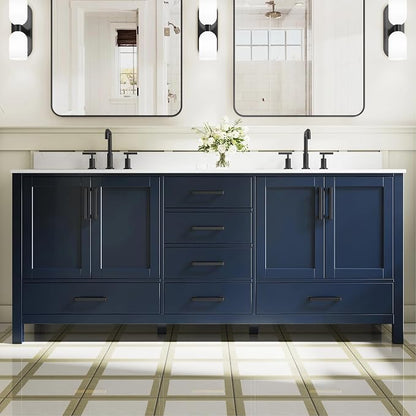 80-Inch Bathroom Vanity with Sink, 4 Soft-Close Doors and 6 Soft-Close Drawers, Bathroom Freestanding Vanity with Cultured Marble Countertop, Navy Blue Vanity with Matte Black Handles