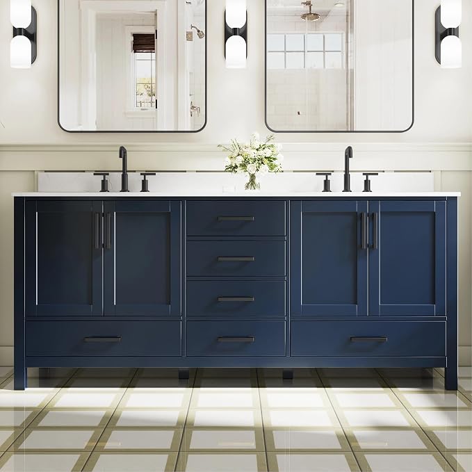 80-Inch Bathroom Vanity with Sink, 4 Soft-Close Doors and 6 Soft-Close Drawers, Bathroom Freestanding Vanity with Cultured Marble Countertop, Navy Blue Vanity with Matte Black Handles