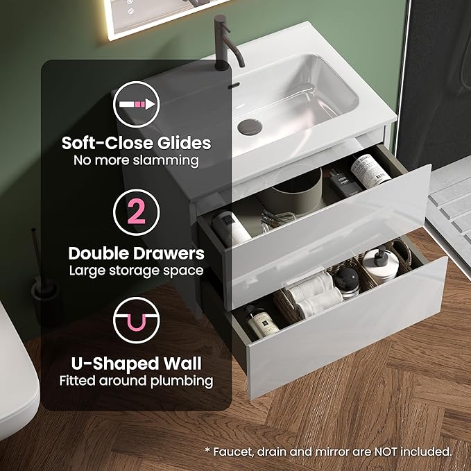 24" Bathroom Vanity with Sink, Modern Floating Vanity with Double Soft Closing Drawers, Large Storage for Small Space, Glossy White, Fully Assembled - Iris Collection