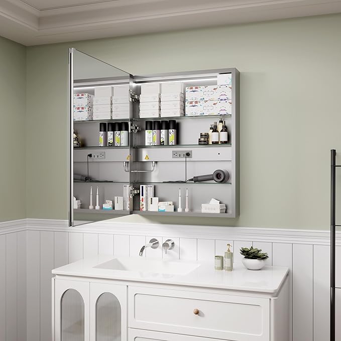 Edge LED Medicine Cabinet Mirror, 24x30 Inch Bathroom Storage, Recessed/Wall Mount, Plug-in/Hardwired, 3 Color Dimmable Light, Anti-Fog, Time Temp Display, Left Hinge