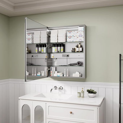 Edge LED Medicine Cabinet Mirror, 24x30 Inch Bathroom Storage, Recessed/Wall Mount, Plug-in/Hardwired, 3 Color Dimmable Light, Anti-Fog, Time Temp Display, Left Hinge