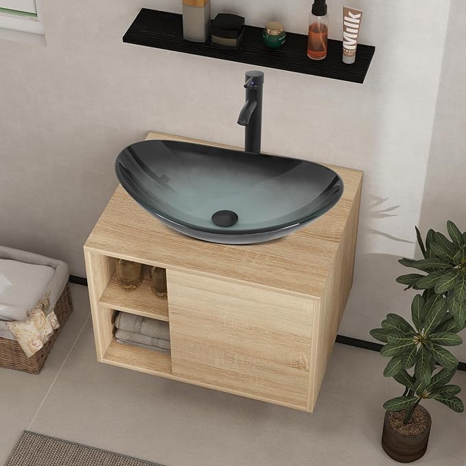 YOURLITE Bathroom Vanity, Black Clear Glass Sink, Wall-Mounted, 24" Floating Bathroom Cabinet with Mirror, Shelves & Faucet