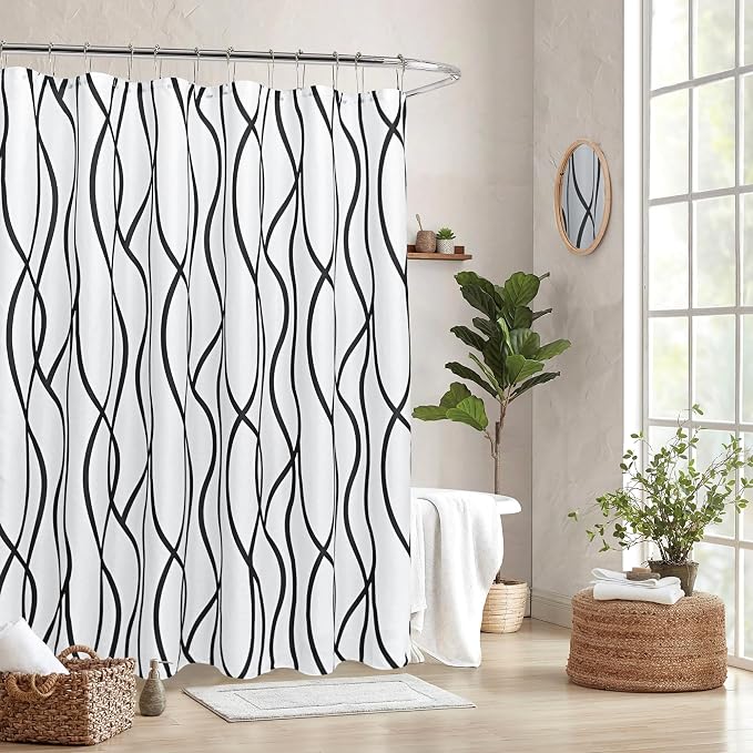 Fabric Modern Extra Long Shower Curtains for Bathroom-Black and White | 72"W x 84"L Textured Faux Linen Luxury Hotel Quality Washable-Abstract Wavy Cloth Bath Curtain-Apartment Minimalist Decor
