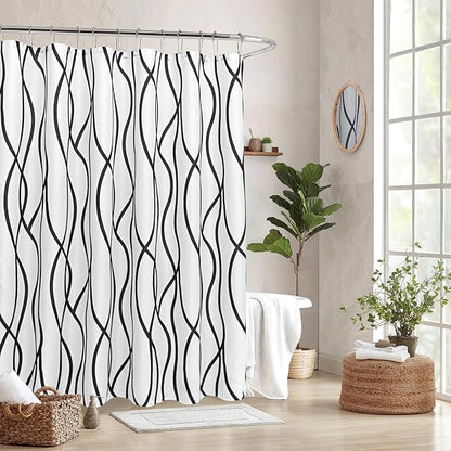 Fabric Modern Extra Long Shower Curtains for Bathroom-Black and White | 72"W x 84"L Textured Faux Linen Luxury Hotel Quality Washable-Abstract Wavy Cloth Bath Curtain-Apartment Minimalist Decor