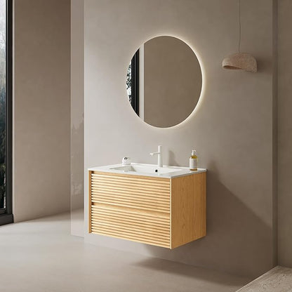 30" Floating Bathroom Vanity with Sink, Wall Mounted Modern Bathroom Cabinet with 2 Soft Close Drawers, Oak & Plywood, Pre-Assembled with Integrated Ceramic Basin – Sedona, Light Oak