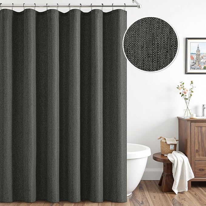 ANRODUO Dark Grey Linen Textured Fabric Shower Curtain Set - W72xL72 | Farmhouse Shower Curtain with 12 Metal Hooks, Waterproof Heavy Duty, Button Hole Design, Machine Washable for Bathroom