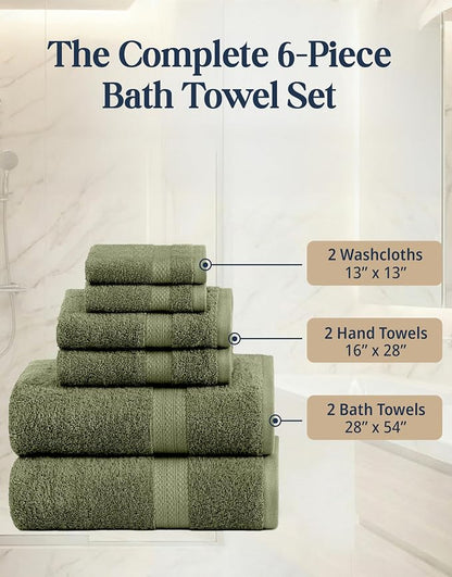 LANE LINEN Bath Towel Set 100% Cotton 6 Piece Soft Absorbent - Oil Green | Bath Towels Set Of 6 - Densely Woven, Coordinated Colors, Dobby Border Accent, OEKO-TEX Certified, Ring-Spun Durability