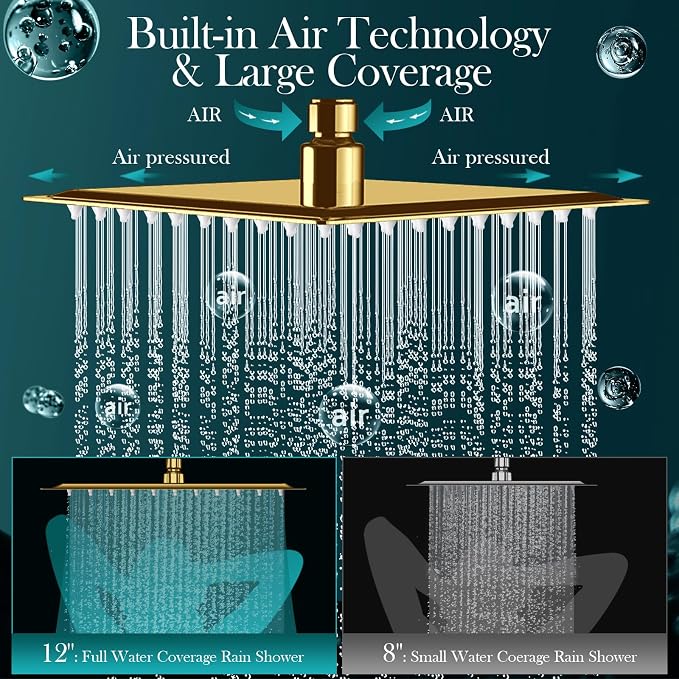 12'' Gold Rain Shower Head with 16” Extension Arm and 5 Setting Handheld | High Pressure Rainfall Shower Head with Flexible Adjustable Height and Angle Arm,Stainless Steel and Anti-leak
