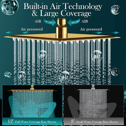12'' Gold Rain Shower Head with 16” Extension Arm and 5 Setting Handheld | High Pressure Rainfall Shower Head with Flexible Adjustable Height and Angle Arm,Stainless Steel and Anti-leak