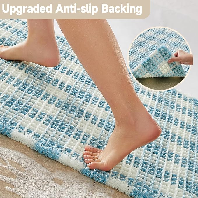 TYUU Waffle Runner Rug Bathroom, Long Cute Bath Mat, 60x24 Blue & White | Super Absorbent Quick Dry Bath Rug, Non-Slip Backing, Soft Waffle Washable Farmhouse Bathroom Mats, Tub, Shower & Home Decor