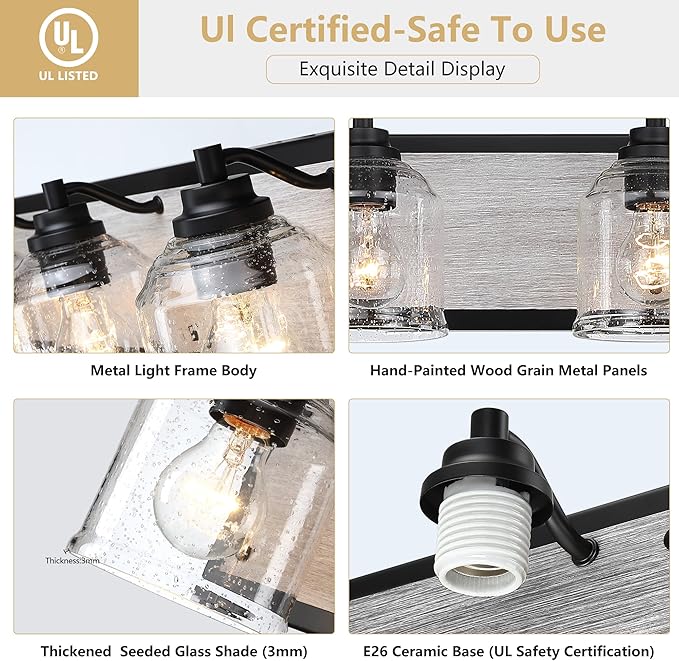 Vanity Lights for Bathroom Large 31.5", Farmhouse Rustic Vanity Light with Bubble Glass Shades, Gray 4 Light Bathroom Lighting Fixtures Over Mirror, Bath Wall Sconce Home Decor
