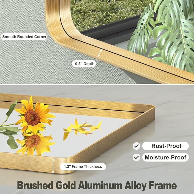 24x36 Inch Gold Framed Bathroom Mirror, Brushed Gold Metal Vanity Mirror, Gold Rectangle Mirror for Wall, Rounded Corner, Tempered Glass, Anti-Rust, Shatterproof (Horizontal/Vertical)