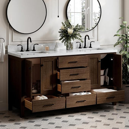 ARIEL Cambridge 66-inch Bathroom Vanity with Sink,Solid Wood, 1.5-inch Italian Carrara Marble Countertop, Double Rectangular Porcelain Sink, 4 Soft Closing Doors, 6 Dovetail Drawers, Brown Oak
