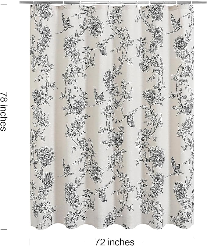 MitoVilla Long Black Cotton Shower Curtain for Bathroom,72 x 78 | Long BoHo Cottagecore Hummingbird Spring Shower Curtains, Modern Farmhouse Country Floral Bathroom Décor, 72 x 78