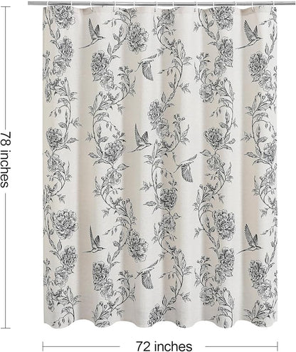 MitoVilla Long Black Cotton Shower Curtain for Bathroom,72 x 78 | Long BoHo Cottagecore Hummingbird Spring Shower Curtains, Modern Farmhouse Country Floral Bathroom Décor, 72 x 78