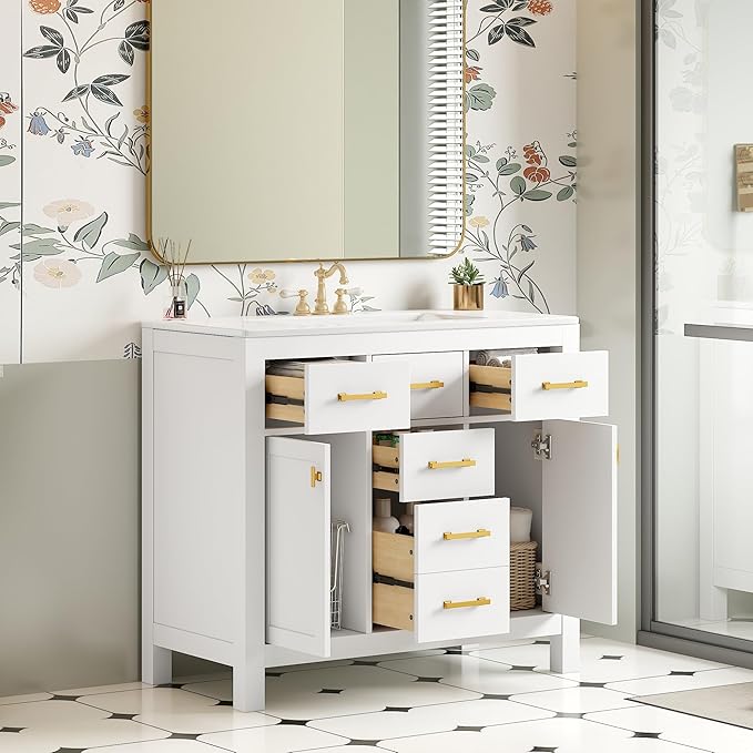 36 Inch White Bathroon Vanity with Sink,Modern Bathroom Sink Cabinet 36" with 4 Drawers & 2 Cabinets,Integrated Countertop,Gold Handles,Soft Closing,Solid Wood Frame
