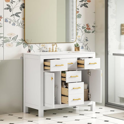 36 Inch White Bathroon Vanity with Sink,Modern Bathroom Sink Cabinet 36" with 4 Drawers & 2 Cabinets,Integrated Countertop,Gold Handles,Soft Closing,Solid Wood Frame