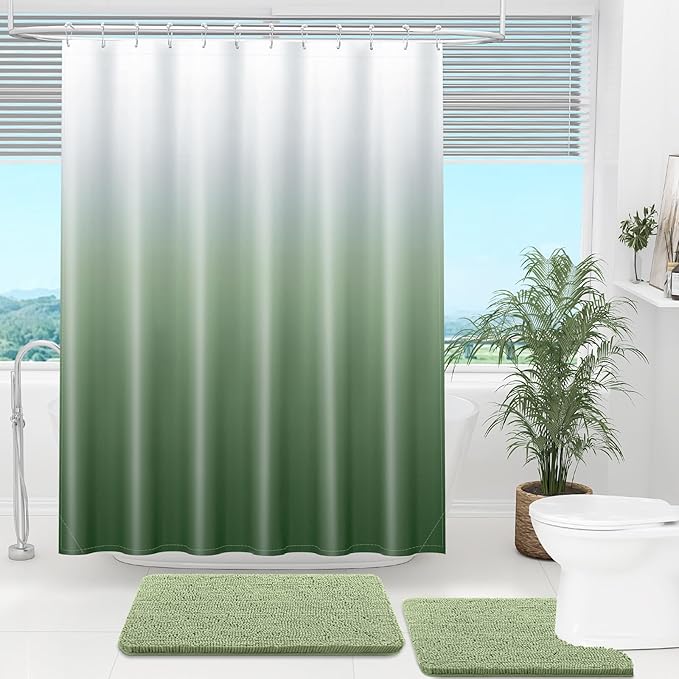 OLANLY Luxury Sage Green and White Ombre Shower Curtain Sets with 12 Hooks, Waterproof and Washable Decorative Shower Curtains for Bathroom, 72x72 Inches