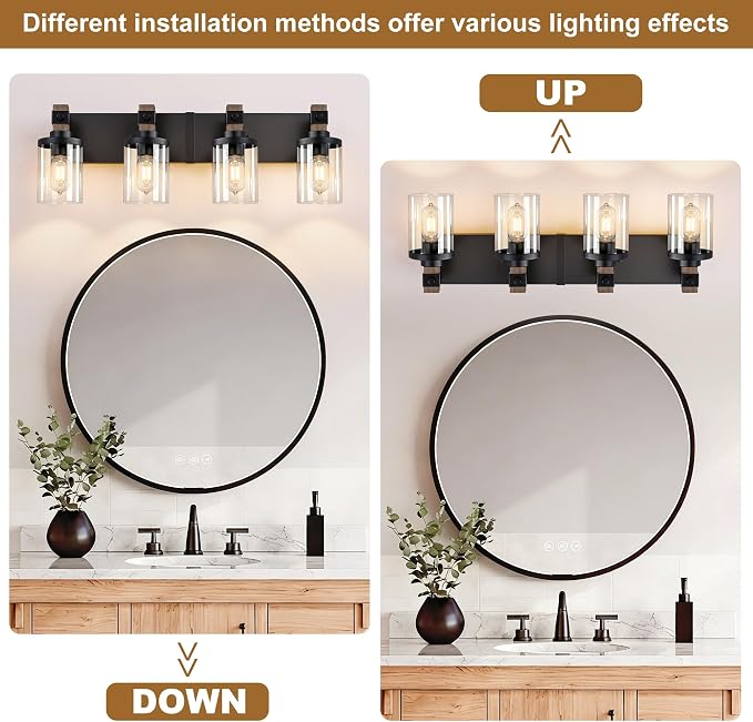 Farmhouse Bathroom Vanity Light Fixture, 4 Light Black Wood Over Mirror | Matte Black Metal & Wood with Clear Glass Shade, 4 Ligh Vanity Light Fixture Over Mirror for Farmhouse Industrial Bathroom