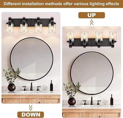 Farmhouse Bathroom Vanity Light Fixture, 4 Light Black Wood Over Mirror | Matte Black Metal & Wood with Clear Glass Shade, 4 Ligh Vanity Light Fixture Over Mirror for Farmhouse Industrial Bathroom