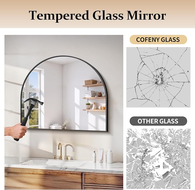 COFENY Arched Mirror, 28’’x24’’ Wide Black Arch Mirrors for Bathroom Sink, Bathroom Vanity Mirror with Metal Frame, Modern Wall Mounted Mirror for Bedroom Living Room Mantle Entryway