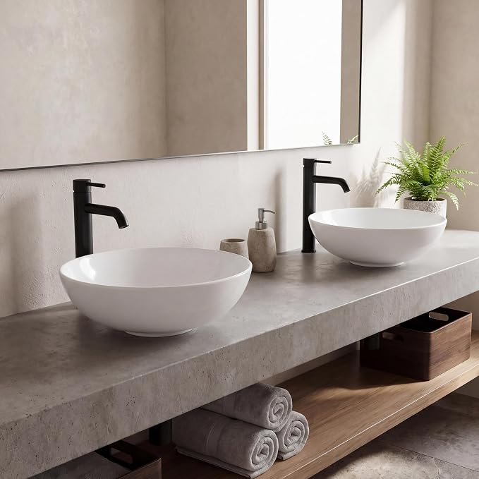 JONATHAN Y Quarry 15.5" Round Ceramic Bathroom Bowl Vessel Sink, White | Glossy Finish, Above Counter Installation, Non-Porous, Stain And Scratch Resistant, 1.75" Drain Hole