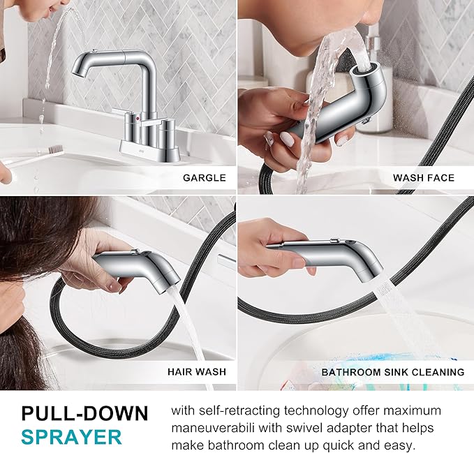 KENES Chrome Centerset Bathroom Faucet with Pull Out Sprayer, 4 Inch 2 Handle Pull Down Bathroom Faucet 3 Hole, Bathroom Sink Faucet with Pop Up Drain & Supply Lines LJ-9059A-5