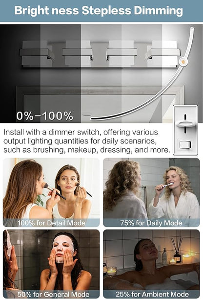 SOLFART Chrome Vanity Lights for Bathroom Above Mirror,4 Light Bathroom Light Fixtures, LED Lighting Fixture, Nickel Vanity Light,5 Color Temperature Adjustable Light Over Mirror