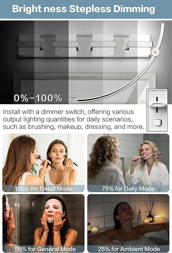 SOLFART Chrome Vanity Light Fixture, Bathroom Light Fixture Over Mirror, 4 Lights Vanity Lighting, Modern LED Bathroom Vanity Lighting, Easy Install Dimmable