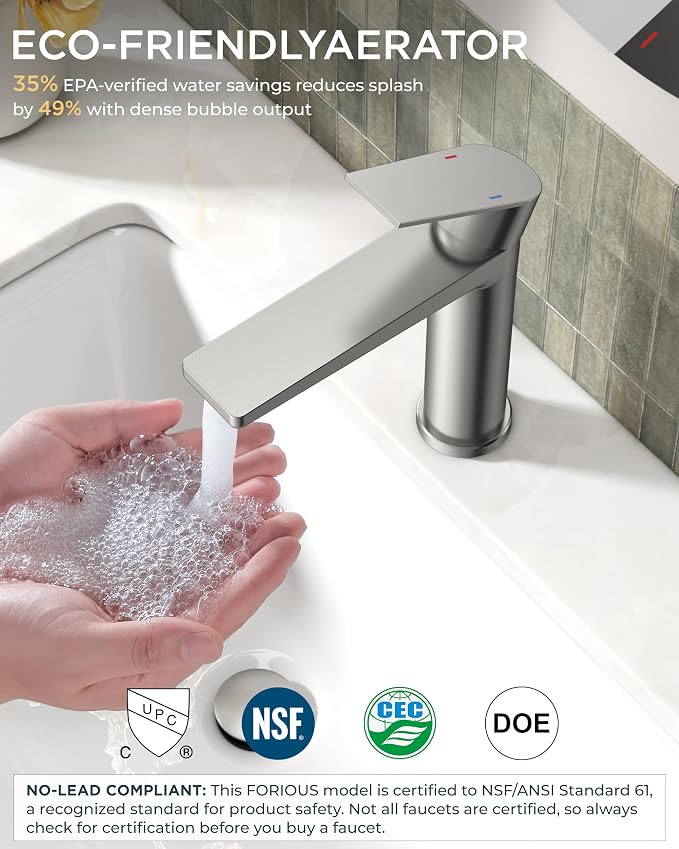 FORIOUS Brushed Nickel Bathroom Faucet 1 Hole, Commercial Bathroom Faucets | CUPC Single Hole Bathroom Faucet Brushed Nickel, Rv Bathroom Sink Faucet 1 Hole with Deck Plate&Drain, Camper Sink Upgrade