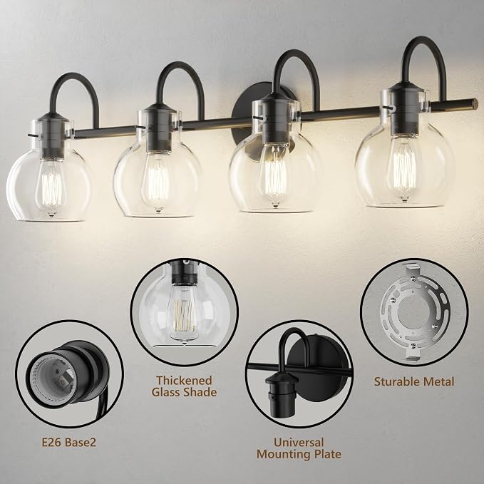 4 Lights Bathroom Vanity Light Fixtures Over Mirror Black Modern | 24in Large Wall Sconce,Matte Black,Globe Glass Shade,E26 Base,UL Certified,Anti-Rust,Damp Rated,Bathroom Bedroom Living Room
