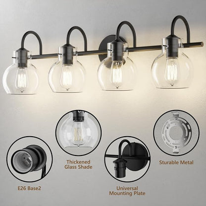 4 Lights Bathroom Vanity Light Fixtures Over Mirror Black Modern | 24in Large Wall Sconce,Matte Black,Globe Glass Shade,E26 Base,UL Certified,Anti-Rust,Damp Rated,Bathroom Bedroom Living Room