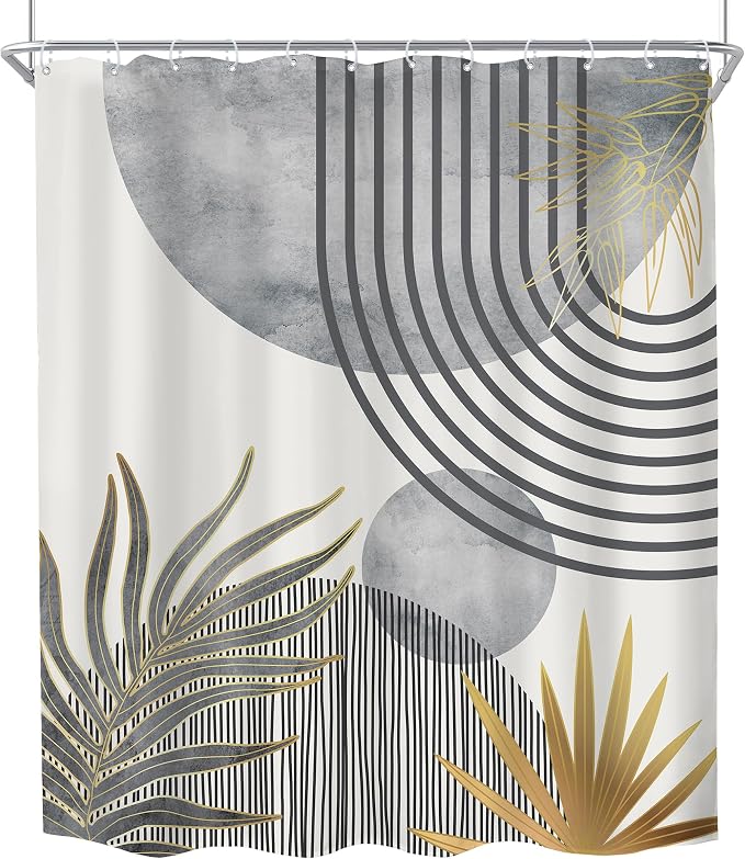 Mid Century Boho Abstract Gray Modern Gold Bathroom Shower Curtain Set | 60Wx72H Sun Arch design, waterproof HD print with fast-drying fabric and 12 hooks.