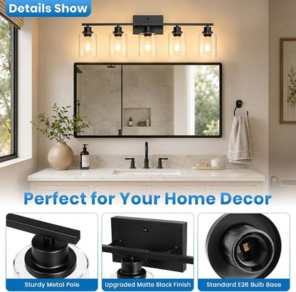 Ascher 5 Light Bathroom Light Fixture, Matte Black Bathroom Lighting Fixtures Over Mirror, Vanity Light with Clear Glass Shade, Wall Sconce for Living Room Bedroom Cabinet, E26 Base