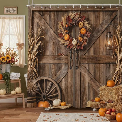 Fall Rustic Barn Door Shower Curtain, Autumn Thanksgiving Pumpkin Farmhouse Brown Wood Board Shower Curtain Set Bathroom, Western Farm Harvest Fabric Bath Decor with Hooks,70X75IN