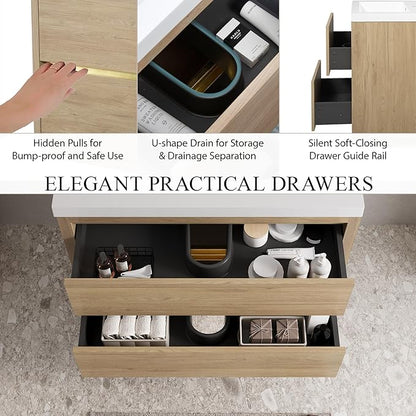Modern 36" Wall-Mounted Bathroom Vanity with Sink | Floating Storage Cabinet, Stone Resin Countertop, Soft Close Drawers | Natural Oak